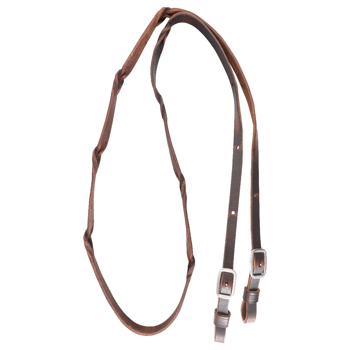 Chocolate latigo barrel rein with blood twists, coiled and seen from above. The twists are spaced along both sides of the 5/8-inch rein, which ends in buckles for adjusting length.