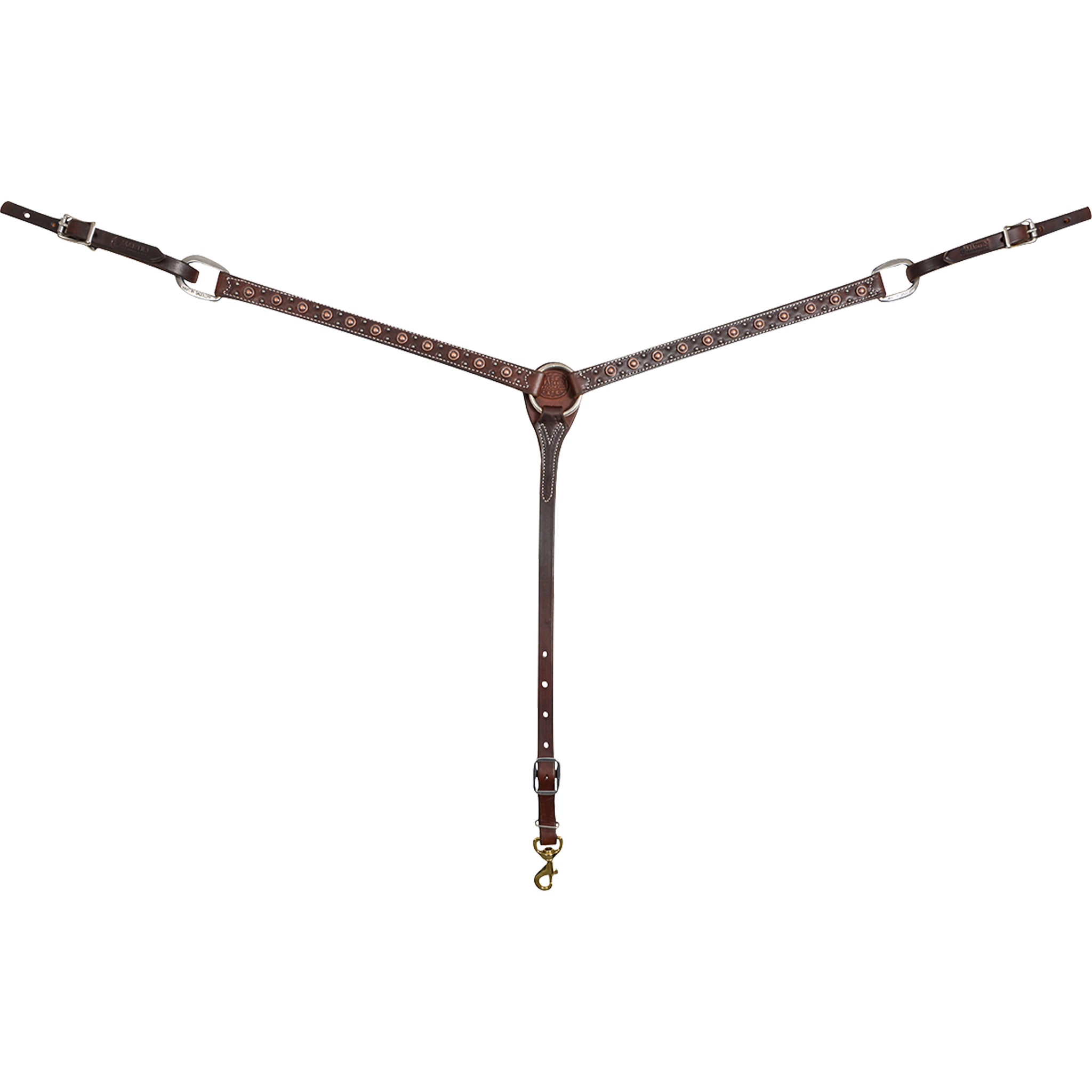 Chocolate leather breast collar from Martin Saddlery, seen from the front in full. The 1-inch shoulder straps carry antique copper rope edge dots and meet at a center ring, with buckles at each side and a snap on the tie-down strap.