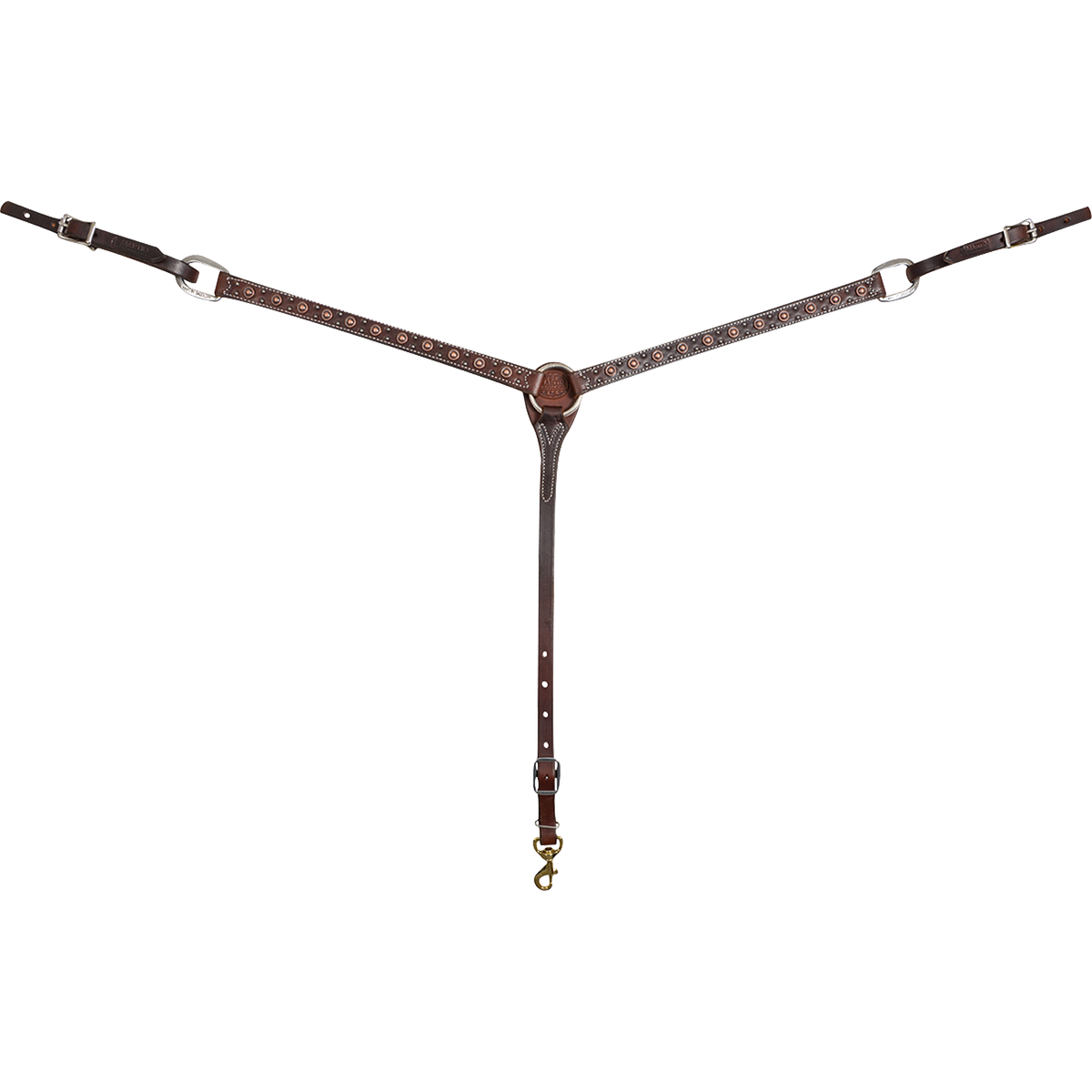 Chocolate leather breast collar from Martin Saddlery, seen from the front in full. The 1-inch shoulder straps carry antique copper rope edge dots and meet at a center ring, with buckles at each side and a snap on the tie-down strap.
