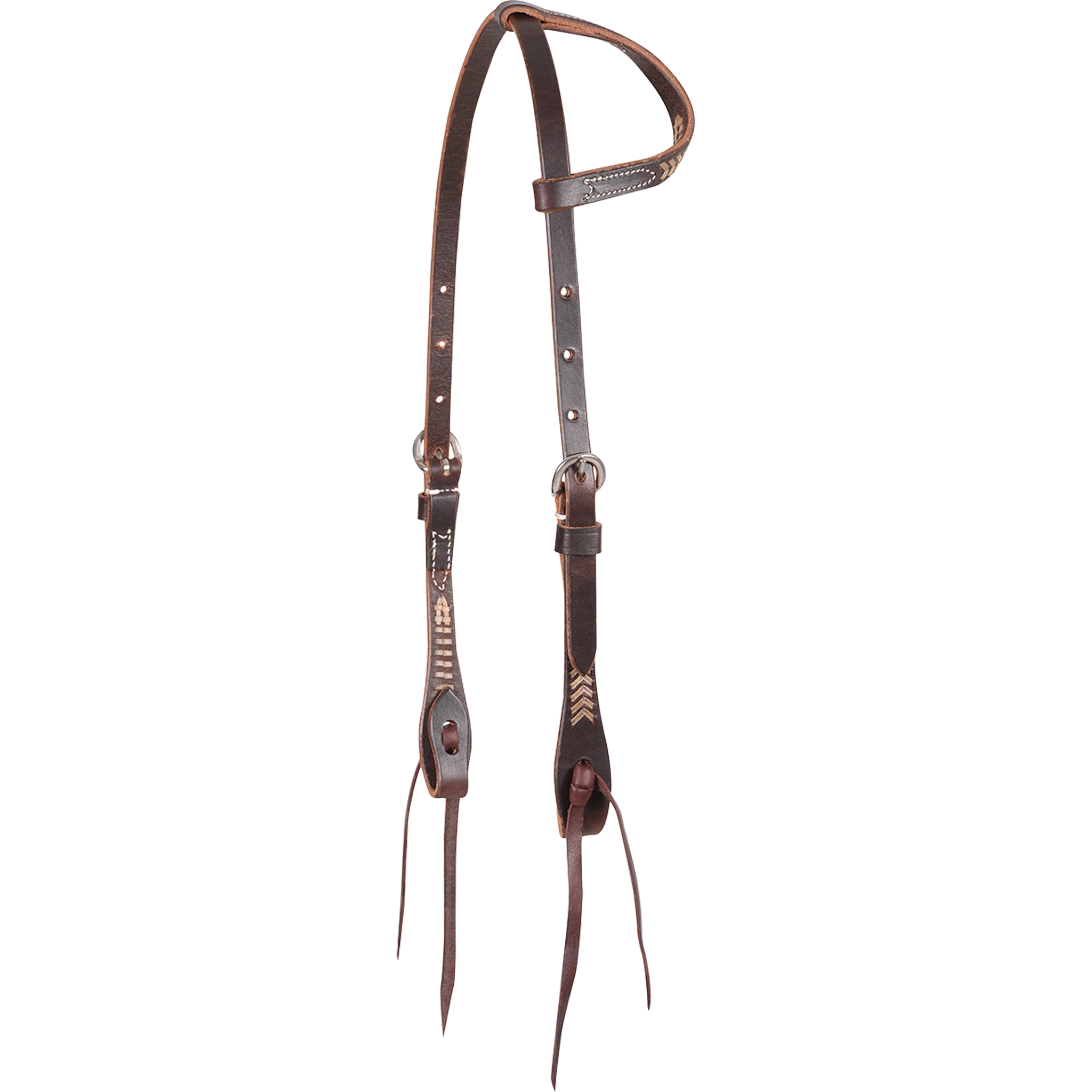 Chocolate slip ear headstall with rawhide lacing, seen from the front quarter. Rawhide lacing accents the ear loop and cheeks of the harness leather western headstall, which ends in bit ties.