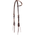 Chocolate slip ear headstall with rawhide lacing, seen from the front quarter. Rawhide lacing accents the ear loop and cheeks of the harness leather western headstall, which ends in bit ties.