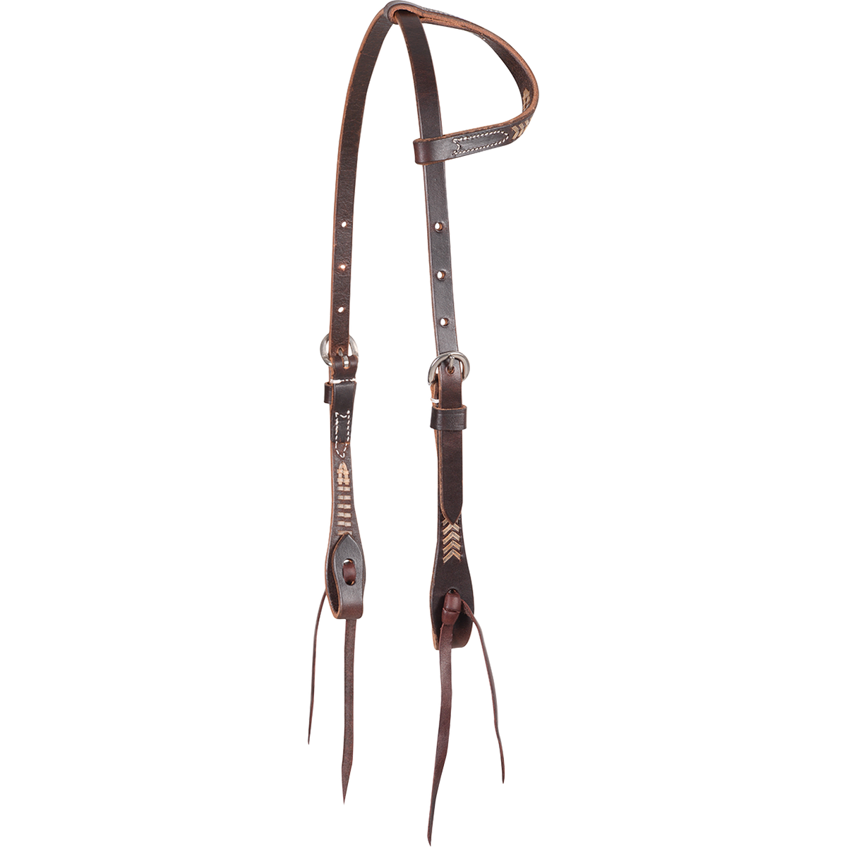 Chocolate slip ear headstall with rawhide lacing, seen from the front quarter. Rawhide lacing accents the ear loop and cheeks of the harness leather western headstall, which ends in bit ties.