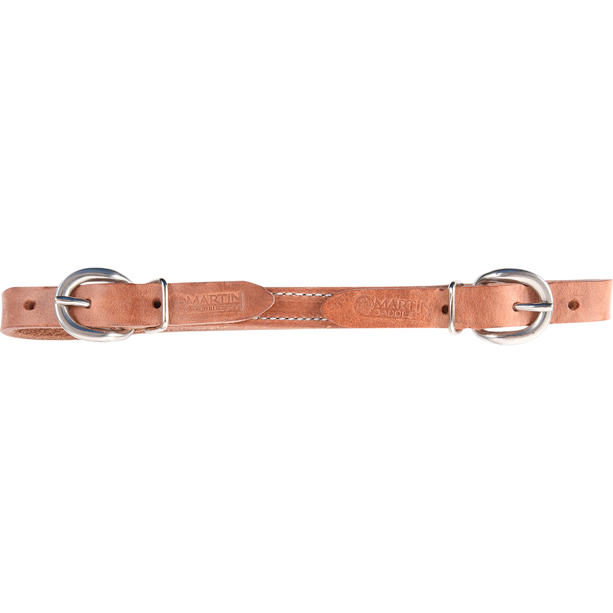 Cowhorse curb strap in harness leather, laid out straight. The stitched strap is stamped with the Martin logo and has a stainless steel buckle at each end for easy adjustment.