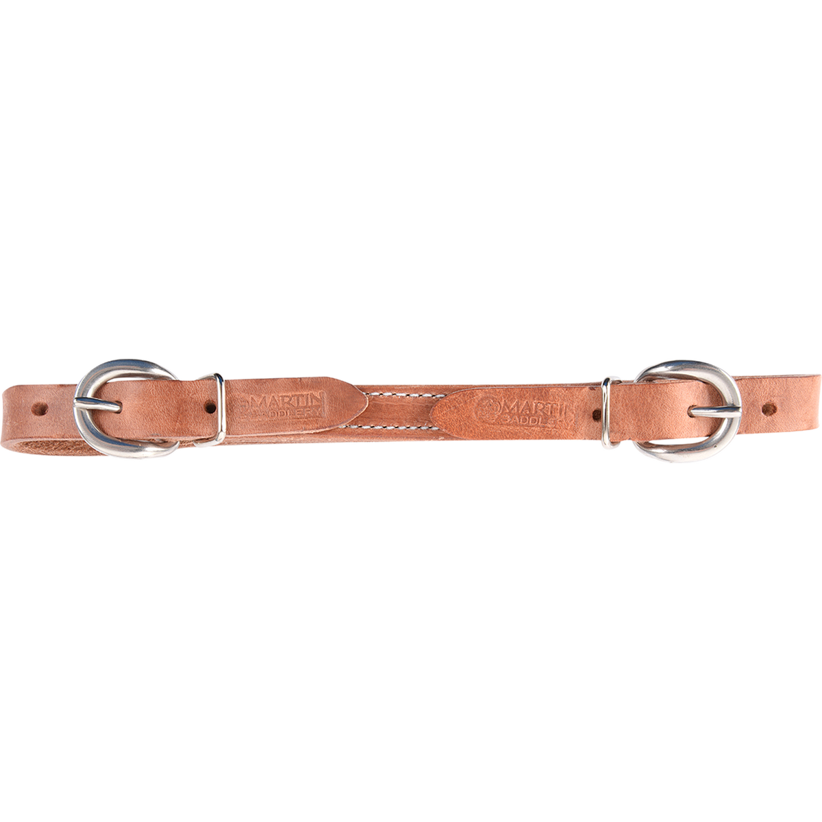 Cowhorse curb strap in harness leather, laid out straight. The stitched strap is stamped with the Martin logo and has a stainless steel buckle at each end for easy adjustment.