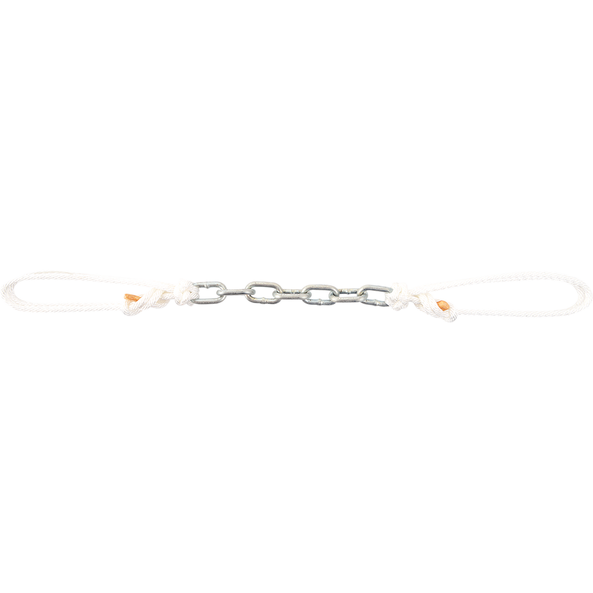 Dog chain curb strap from Martin Saddlery with a stainless steel chain at the center. White adjustable string ties are knotted to each end of the chain.