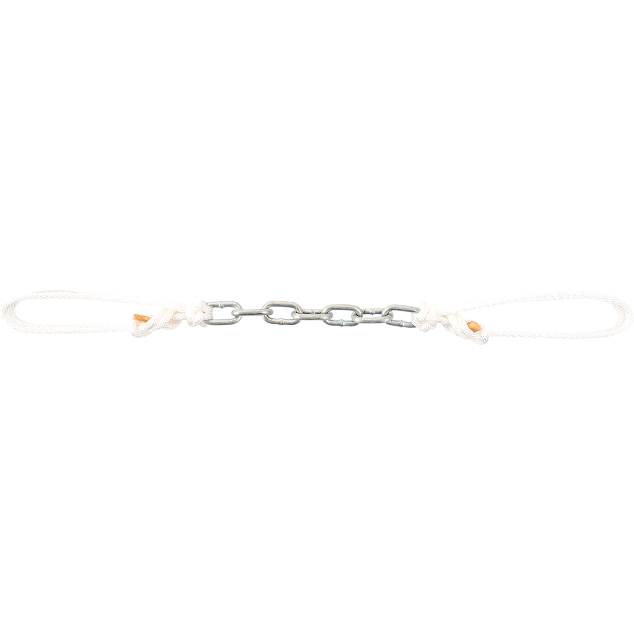 Dog chain curb strap from Martin Saddlery with a stainless steel chain at the center. White adjustable string ties are knotted to each end of the chain.