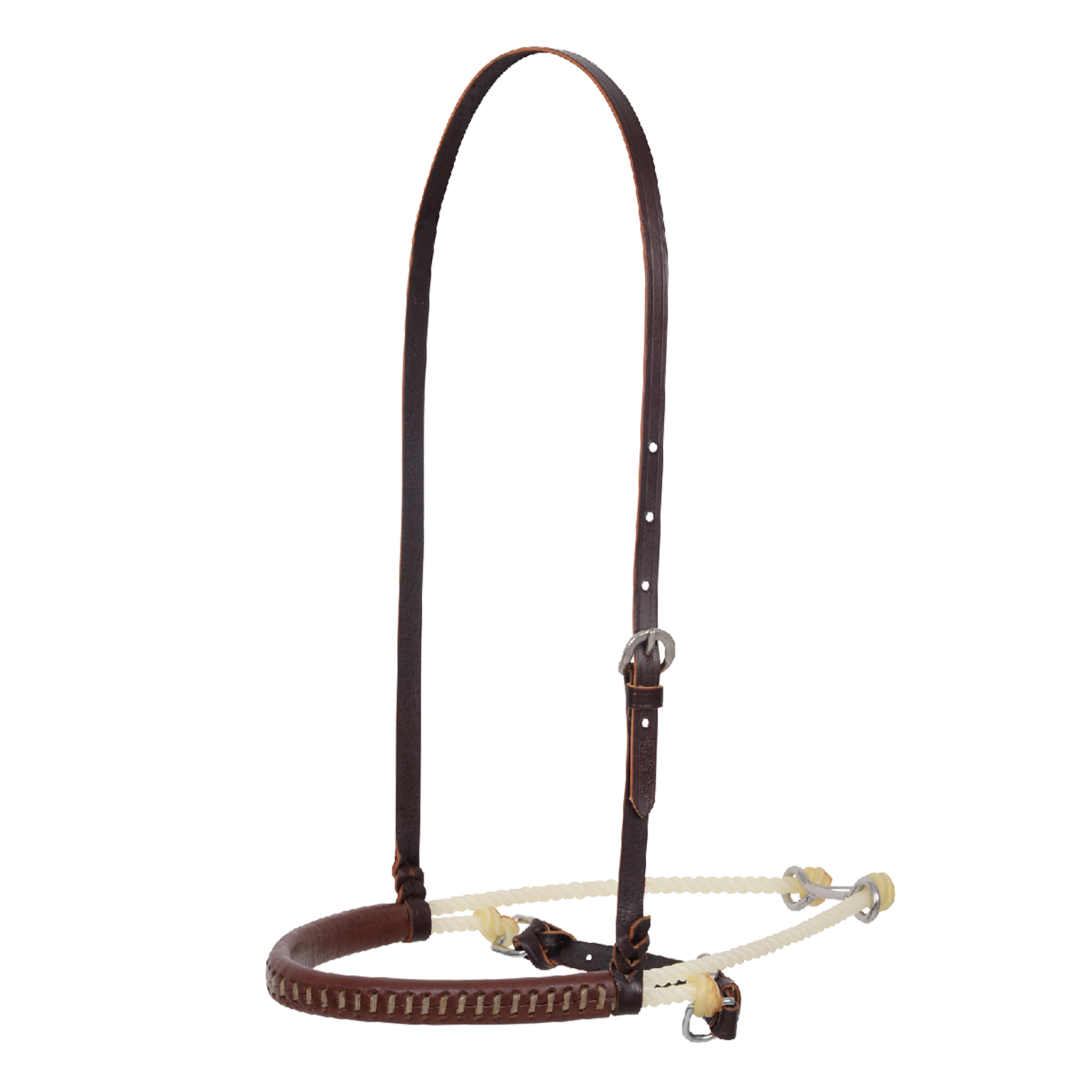 Double rope noseband with cavesson from Martin Saddlery, seen from the front quarter. A laced leather cover sits on the nose piece, with a cavesson strap and rope behind and an adjustable strap above.