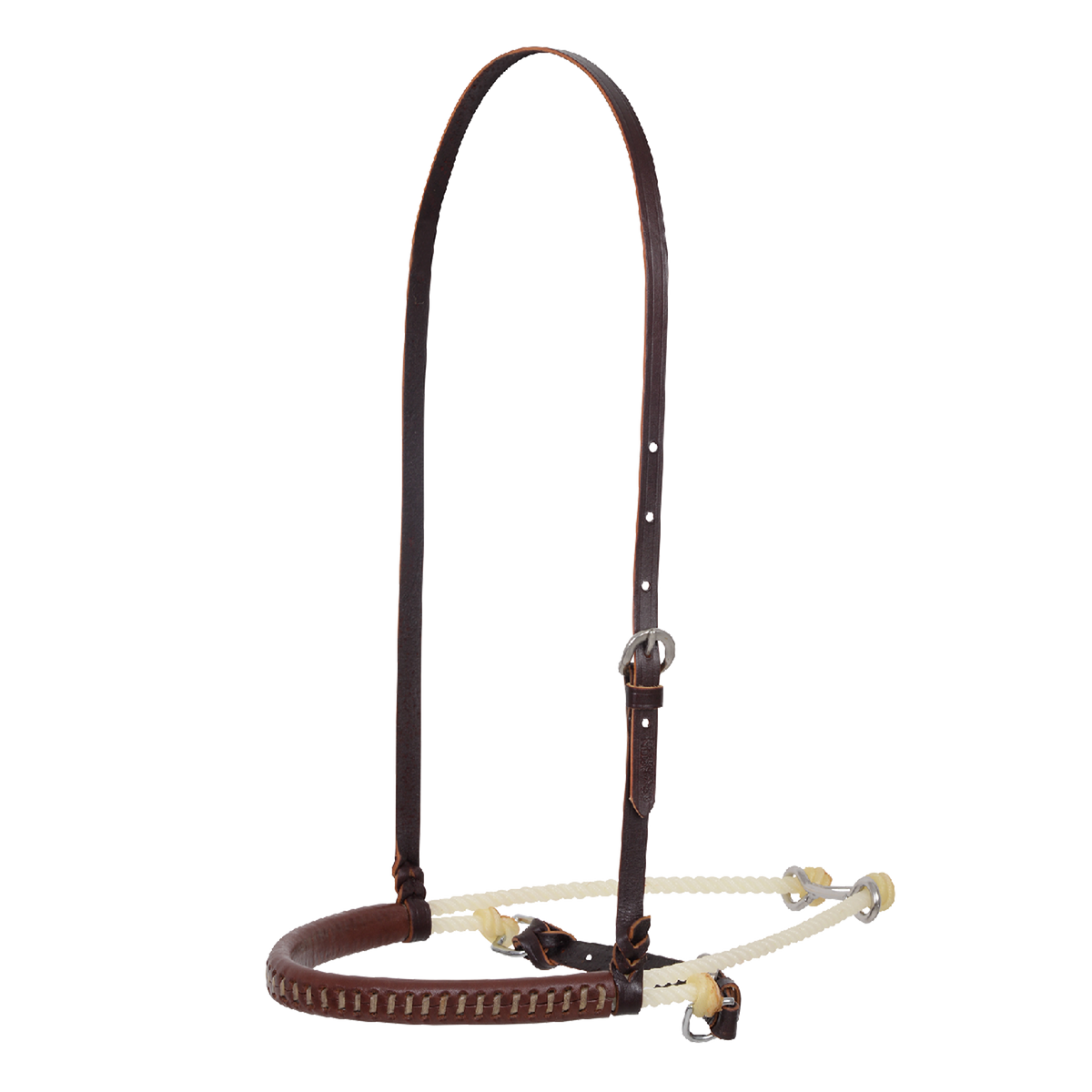 Double rope noseband with cavesson from Martin Saddlery, seen from the front quarter. A laced leather cover sits on the nose piece, with a cavesson strap and rope behind and an adjustable strap above.