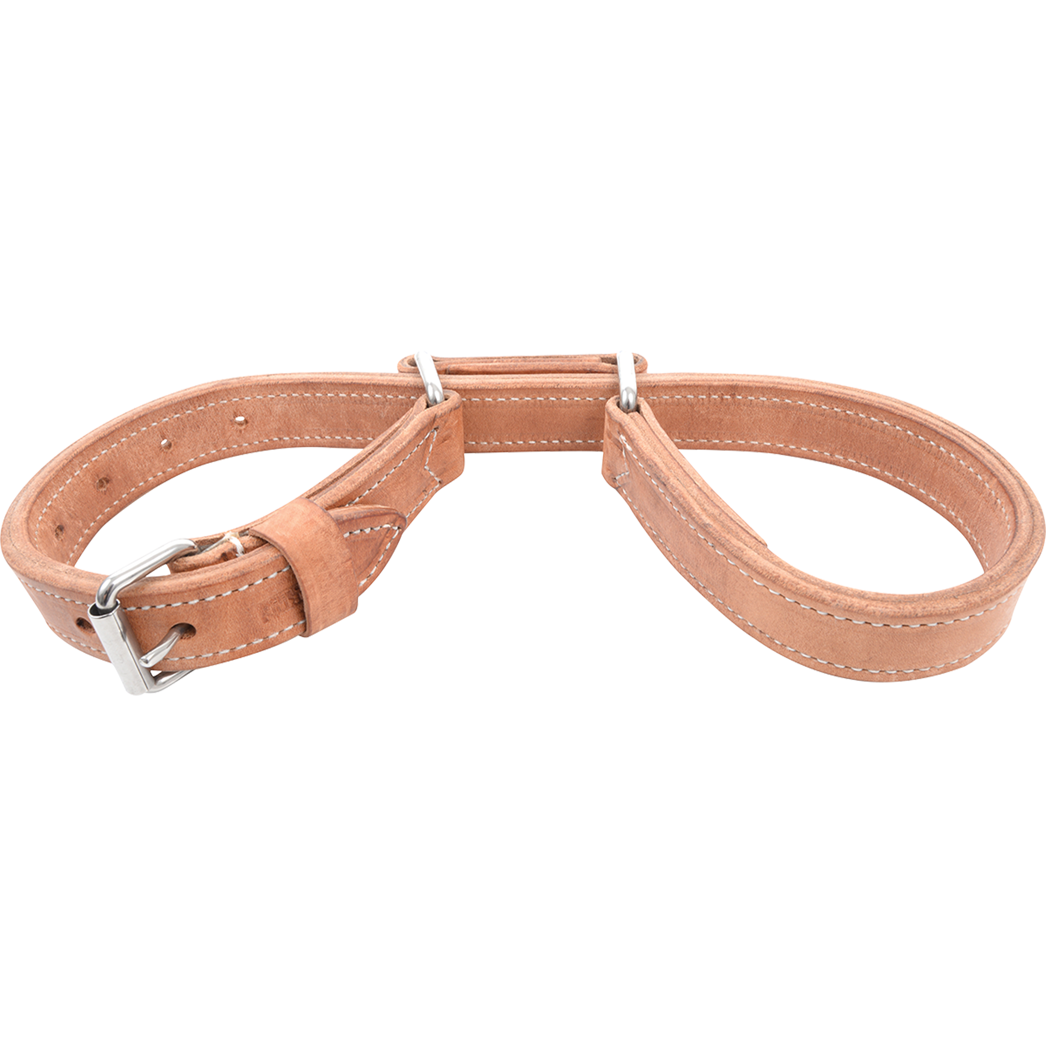 Double-stitched harness leather hobbles from Martin Saddlery, buckled into loops. The doubled and stitched cuffs join at center rings and fasten with a roller buckle.
