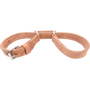 Double-stitched harness leather hobbles from Martin Saddlery, buckled into loops. The doubled and stitched cuffs join at center rings and fasten with a roller buckle.