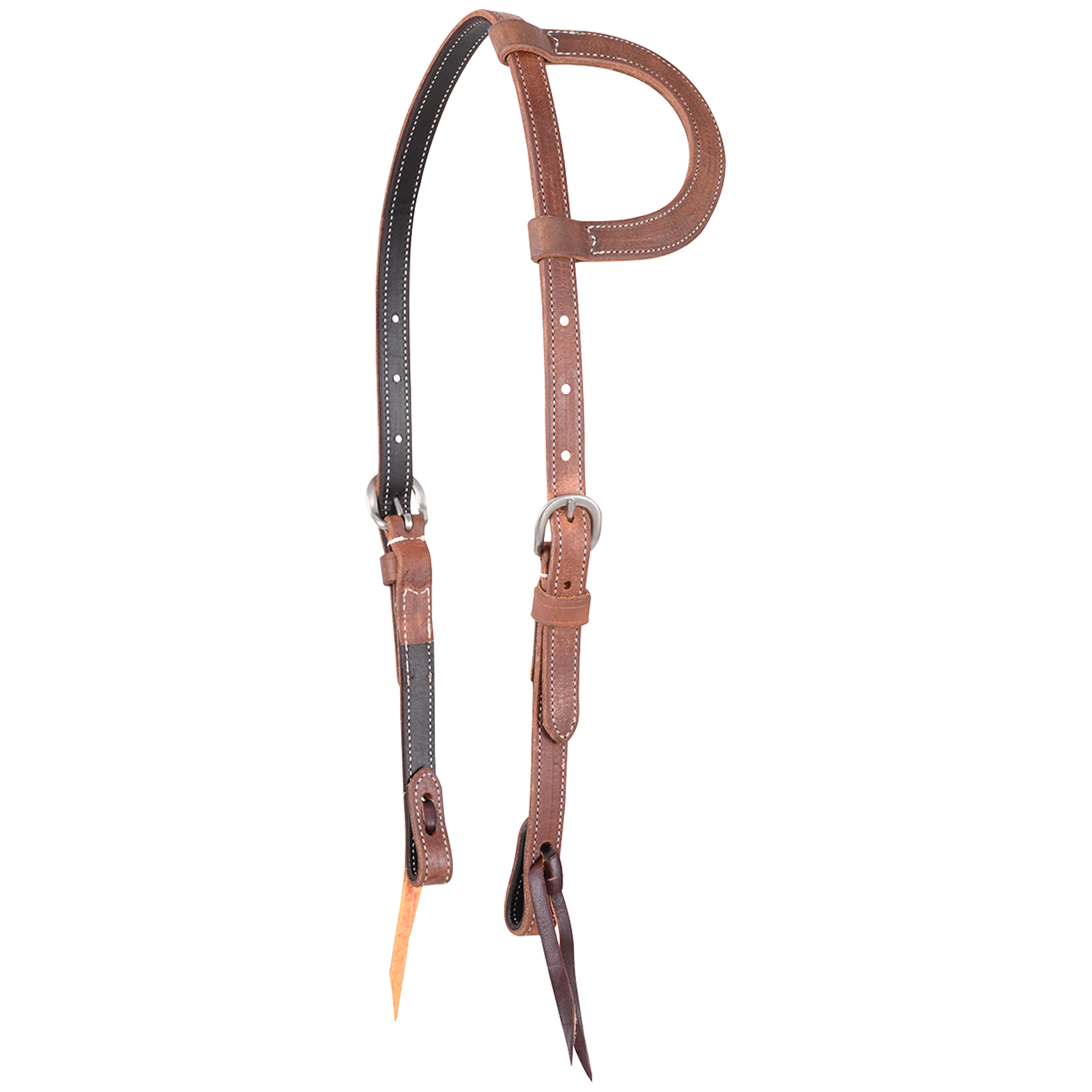 Harness leather slip ear headstall seen from the front quarter. The 3/4-inch straps are doubled and stitched with dark latigo lining, with buckles at the cheeks and bit ties.