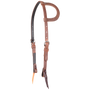 Harness leather slip ear headstall seen from the front quarter. The 3/4-inch straps are doubled and stitched with dark latigo lining, with buckles at the cheeks and bit ties.