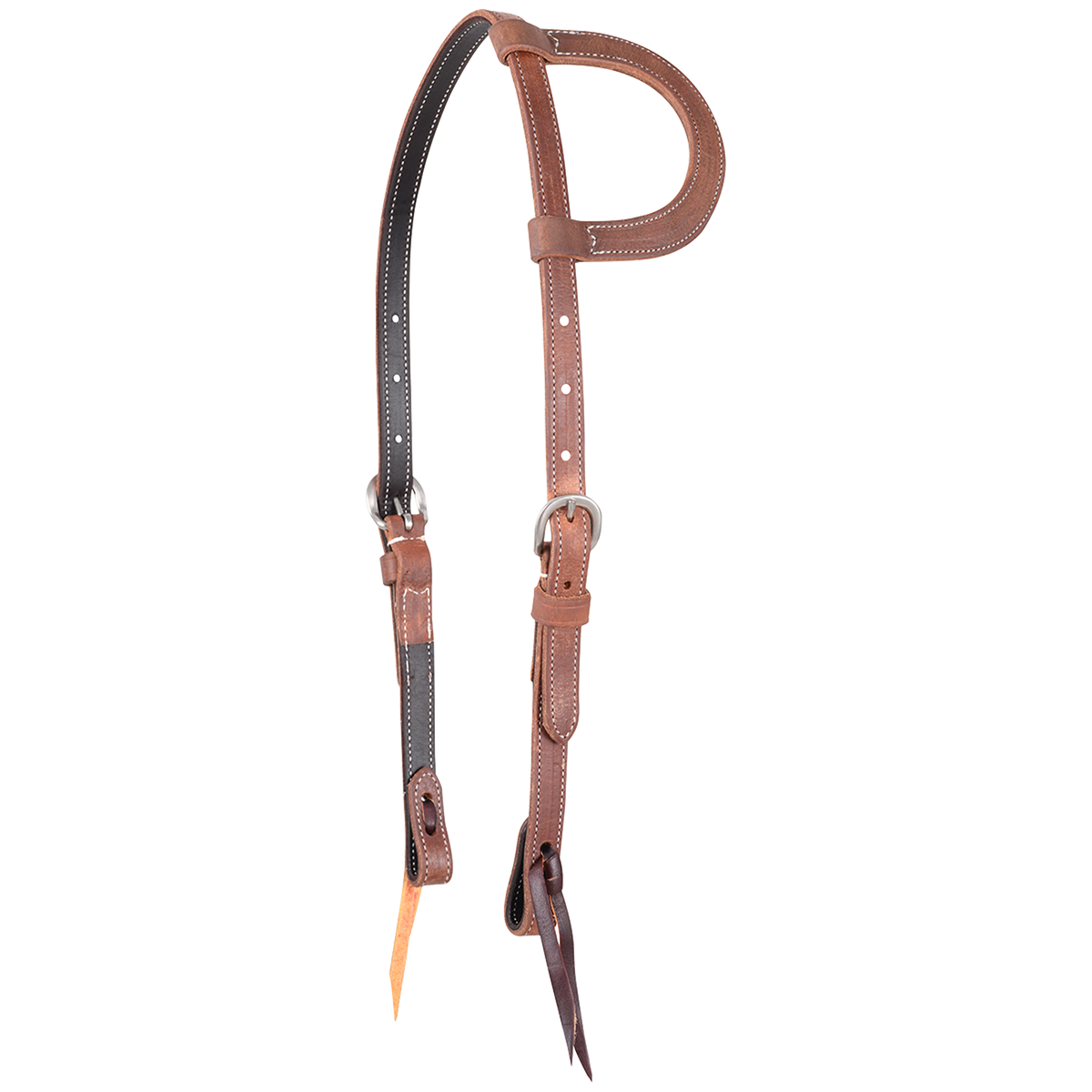 Harness leather slip ear headstall seen from the front quarter. The 3/4-inch straps are doubled and stitched with dark latigo lining, with buckles at the cheeks and bit ties.