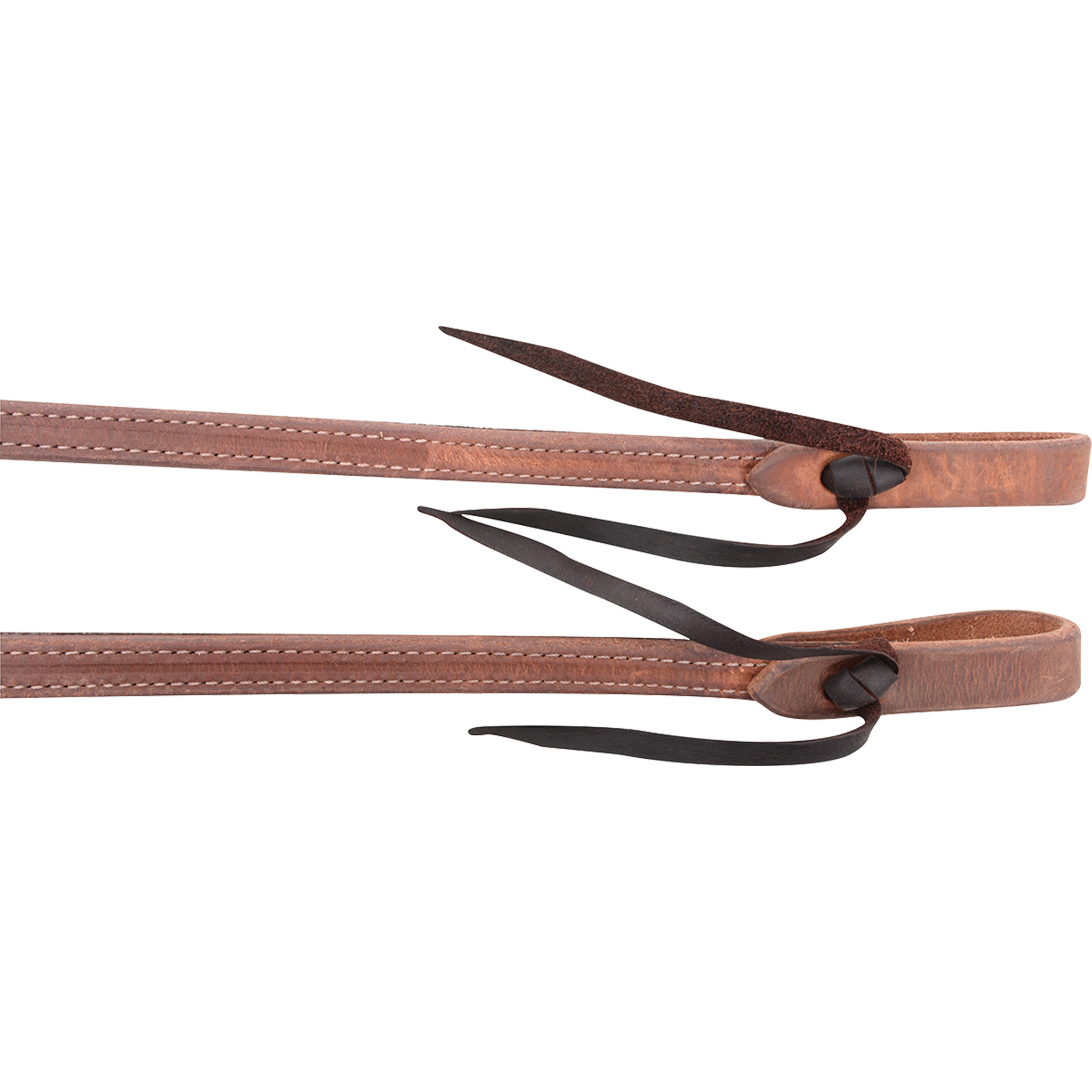 Tied ends of double-stitched heavy harness split reins, seen up close. White stitching runs down the center of each 5/8-inch rein to the folded end and its dark leather tie.