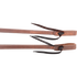 Tied ends of double-stitched heavy harness split reins, seen up close. White stitching runs down the center of each 5/8-inch rein to the folded end and its dark leather tie.