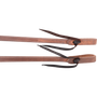 Tied ends of double-stitched heavy harness split reins, seen up close. White stitching runs down the center of each 5/8-inch rein to the folded end and its dark leather tie.