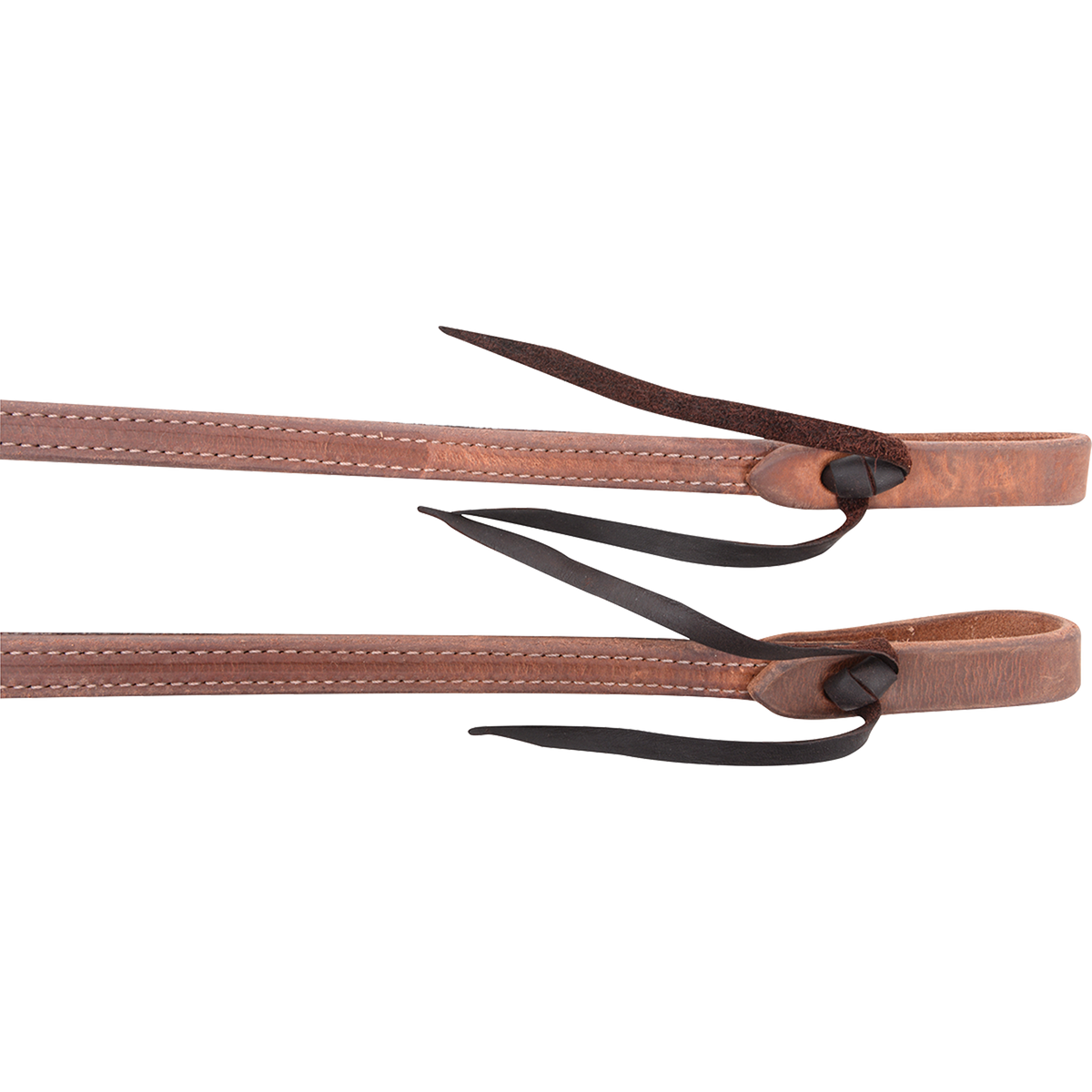 Tied ends of double-stitched heavy harness split reins, seen up close. White stitching runs down the center of each 5/8-inch rein to the folded end and its dark leather tie.