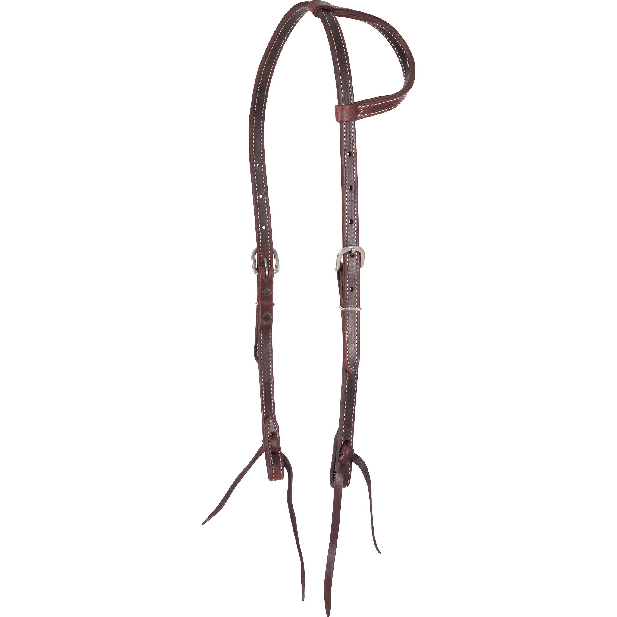 Double-stitched latigo slip ear headstall, seen from the front quarter. The dark 5/8-inch latigo leather is doubled and stitched, with stainless steel buckles and bit ties.