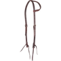 Double-stitched latigo slip ear headstall, seen from the front quarter. The dark 5/8-inch latigo leather is doubled and stitched, with stainless steel buckles and bit ties.