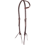 Double-stitched latigo slip ear headstall, seen from the front quarter. The dark 5/8-inch latigo leather is doubled and stitched, with stainless steel buckles and bit ties.