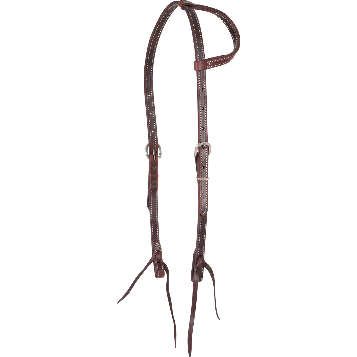 Double-stitched latigo slip ear headstall, seen from the front quarter. The dark 5/8-inch latigo leather is doubled and stitched, with stainless steel buckles and bit ties.