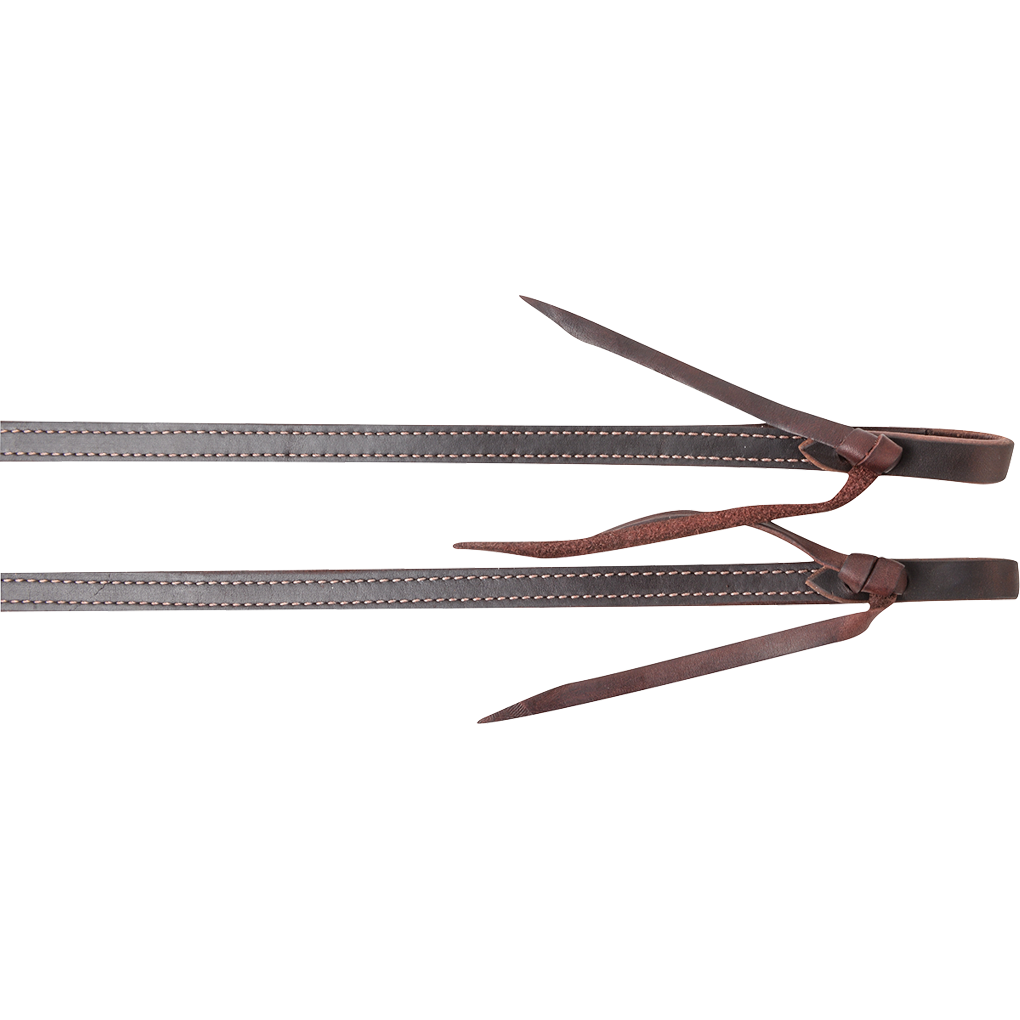 Tied ends of a double-stitched latigo roping rein, seen up close. White stitching runs down both edges of the dark latigo, and each end folds into a water loop with a leather tie.