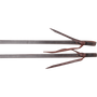 Tied ends of a double-stitched latigo roping rein, seen up close. White stitching runs down both edges of the dark latigo, and each end folds into a water loop with a leather tie.
