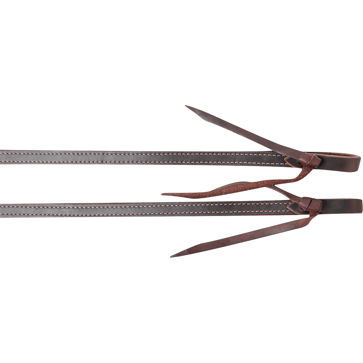 Tied ends of a double-stitched latigo roping rein, seen up close. White stitching runs down both edges of the dark latigo, and each end folds into a water loop with a leather tie.