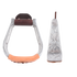 Hand-engraved aluminum bell stirrups, shown from the front and from the side. Scroll engraving covers the 2-inch side, and a natural leather tread wraps the base.