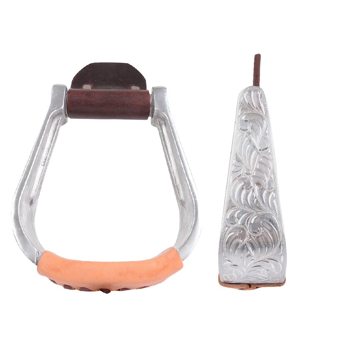 Hand-engraved aluminum bell stirrups, shown from the front and from the side. Scroll engraving covers the 2-inch side, and a natural leather tread wraps the base.