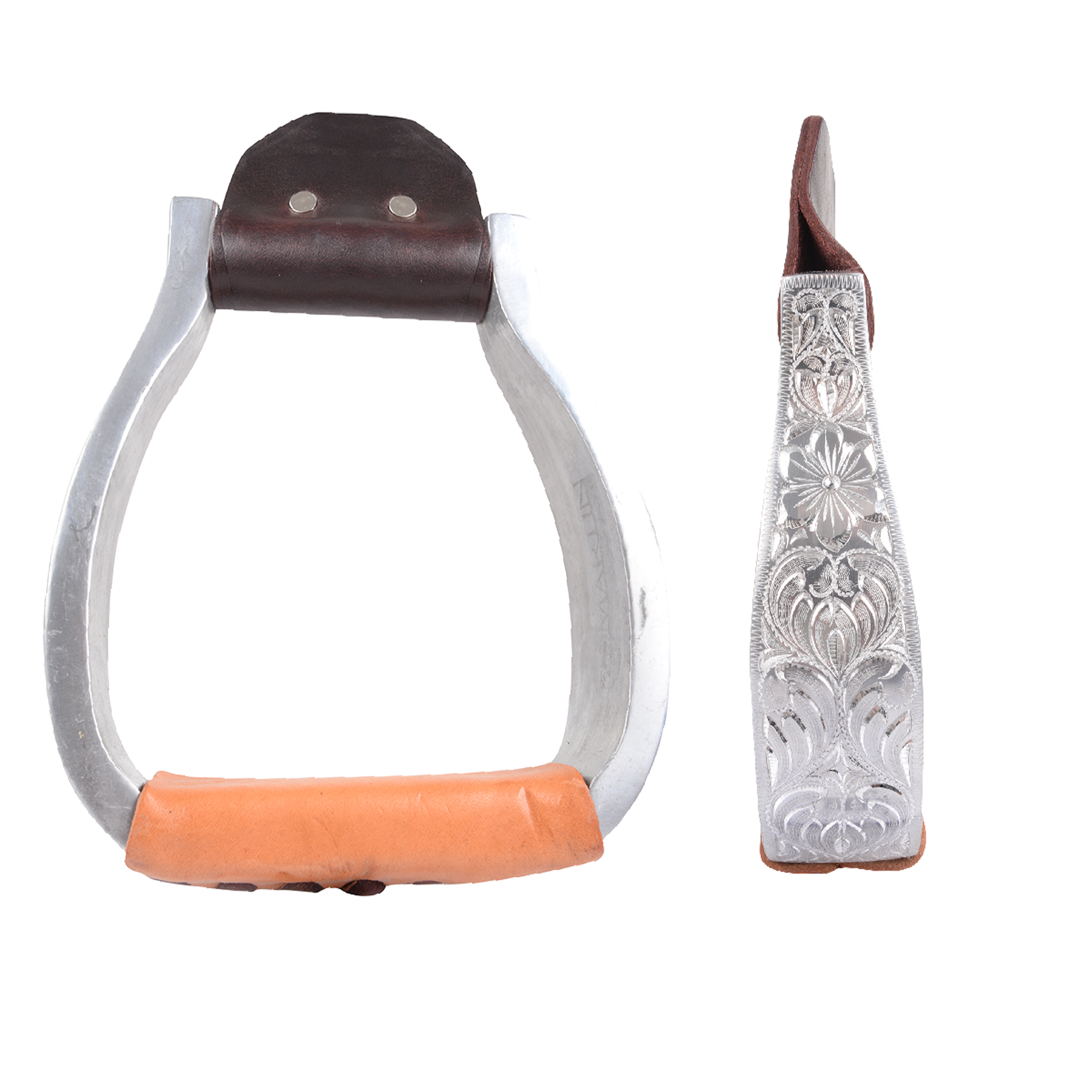 Hand-engraved aluminum stirrups with a flat bottom, shown from the front and from the side. Floral engraving decorates the 1-1/2-inch side, and natural leather covers the flat tread.
