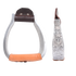 Hand-engraved aluminum stirrups with a flat bottom, shown from the front and from the side. Floral engraving decorates the 1-1/2-inch side, and natural leather covers the flat tread.