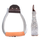 Hand-engraved aluminum stirrups with a flat bottom, shown from the front and from the side. Floral engraving decorates the 1-1/2-inch side, and natural leather covers the flat tread.