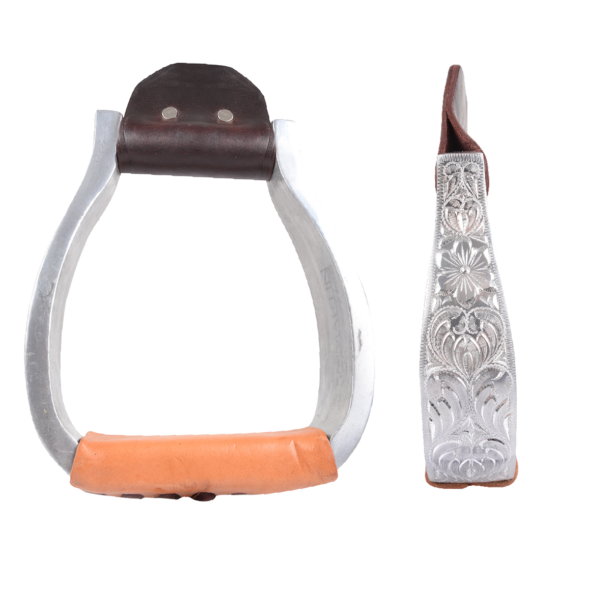 Hand-engraved aluminum stirrups with a flat bottom, shown from the front and from the side. Floral engraving decorates the 1-1/2-inch side, and natural leather covers the flat tread.