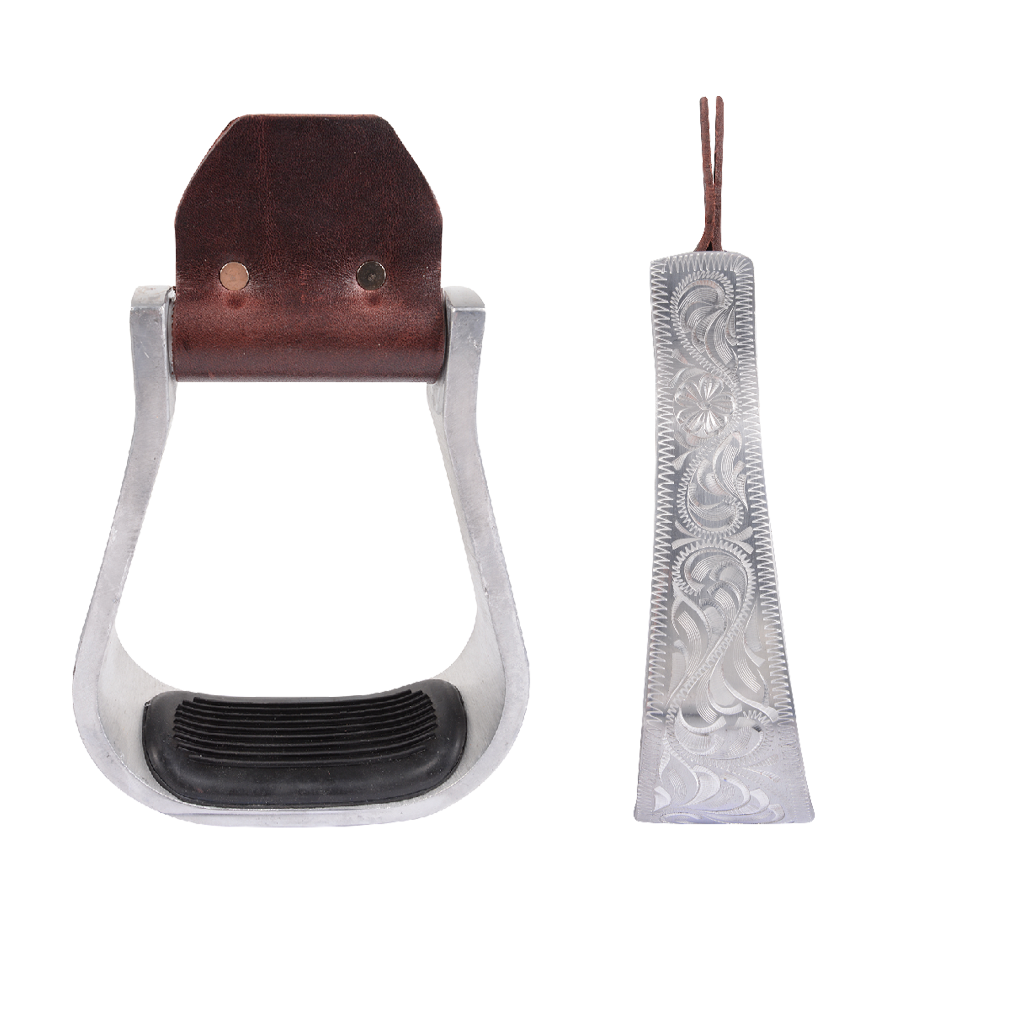 Hand-engraved aluminum bell stirrups with rubber tread, shown from the front and from the side. Engraving runs down the 2-inch side, and a ribbed black rubber tread sits in the base.