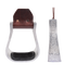 Hand-engraved aluminum bell stirrups with rubber tread, shown from the front and from the side. Engraving runs down the 2-inch side, and a ribbed black rubber tread sits in the base.