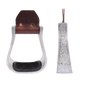 Hand-engraved aluminum bell stirrups with rubber tread, shown from the front and from the side. Engraving runs down the 2-inch side, and a ribbed black rubber tread sits in the base.