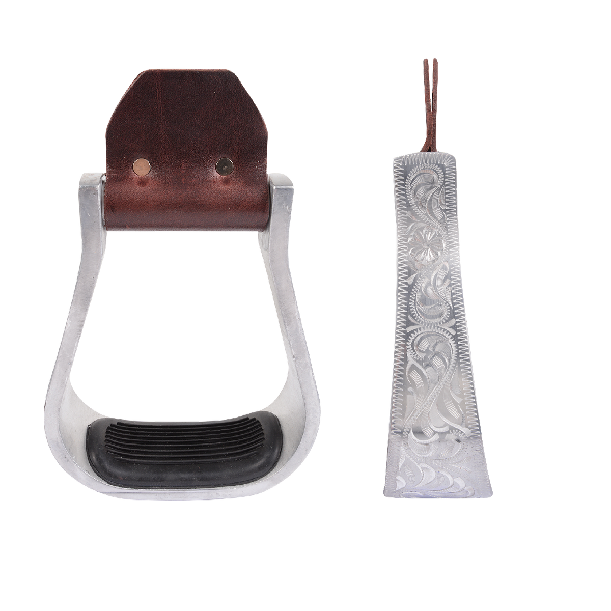 Hand-engraved aluminum bell stirrups with rubber tread, shown from the front and from the side. Engraving runs down the 2-inch side, and a ribbed black rubber tread sits in the base.