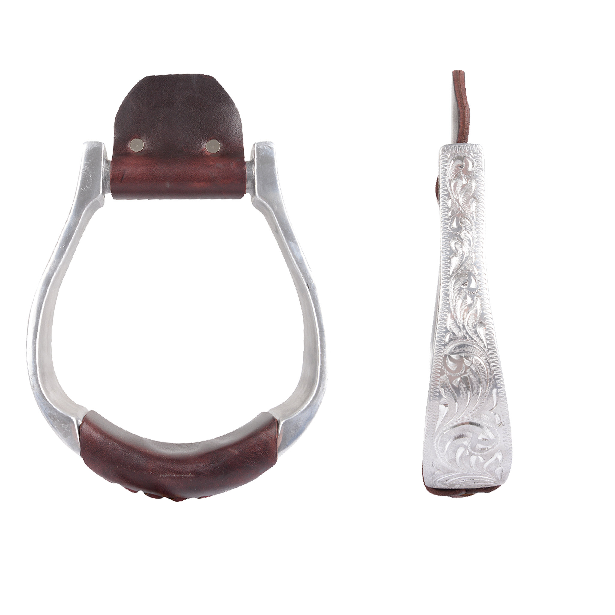 Hand-engraved aluminum oxbow stirrups, shown from the front and from the side. The narrow 1-1/4-inch side carries scroll engraving, and chocolate leather wraps the rounded tread.