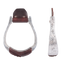 Hand-engraved aluminum oxbow stirrups, shown from the front and from the side. The narrow 1-1/4-inch side carries scroll engraving, and chocolate leather wraps the rounded tread.