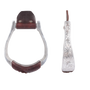 Hand-engraved aluminum oxbow stirrups, shown from the front and from the side. The narrow 1-1/4-inch side carries scroll engraving, and chocolate leather wraps the rounded tread.