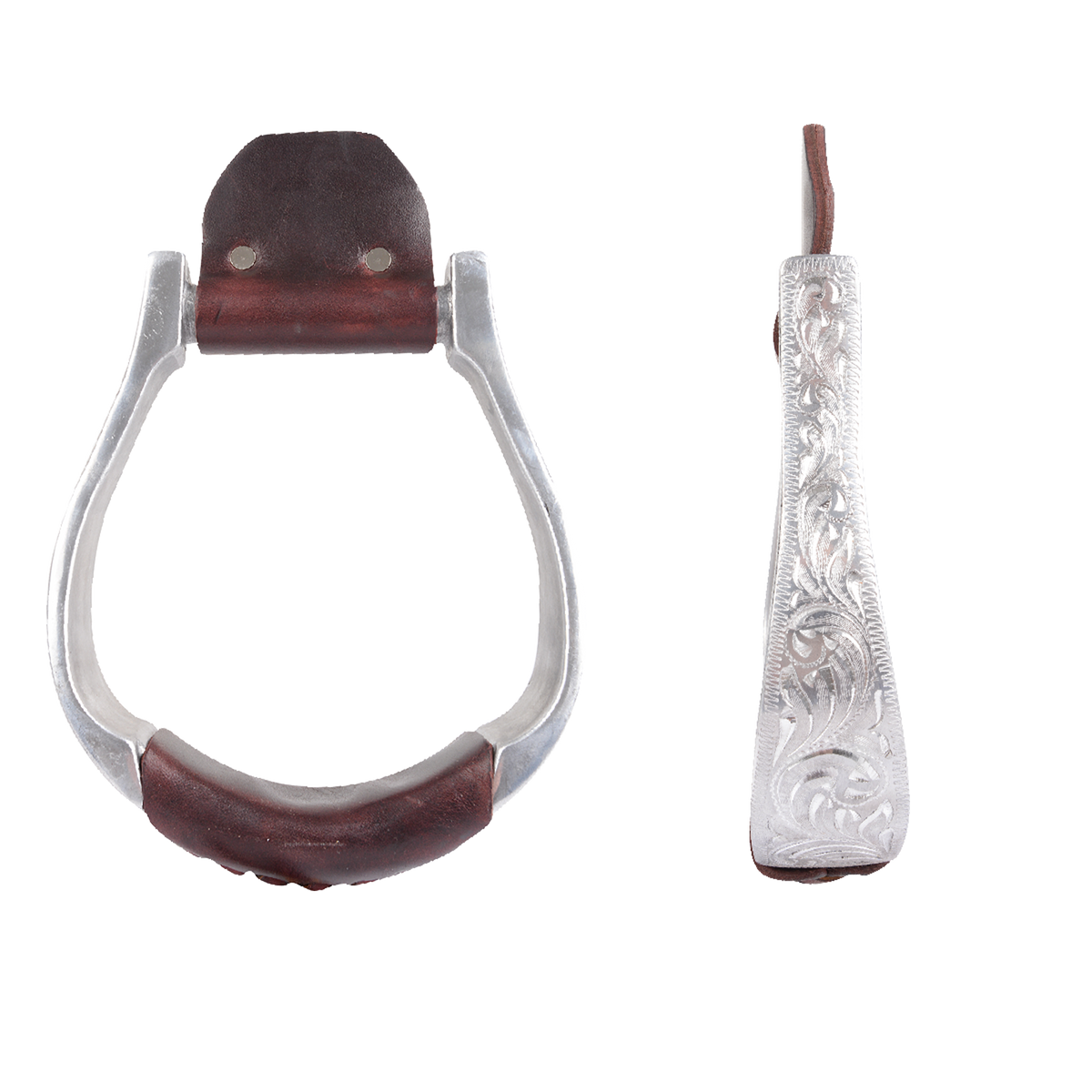 Hand-engraved aluminum oxbow stirrups, shown from the front and from the side. The narrow 1-1/4-inch side carries scroll engraving, and chocolate leather wraps the rounded tread.