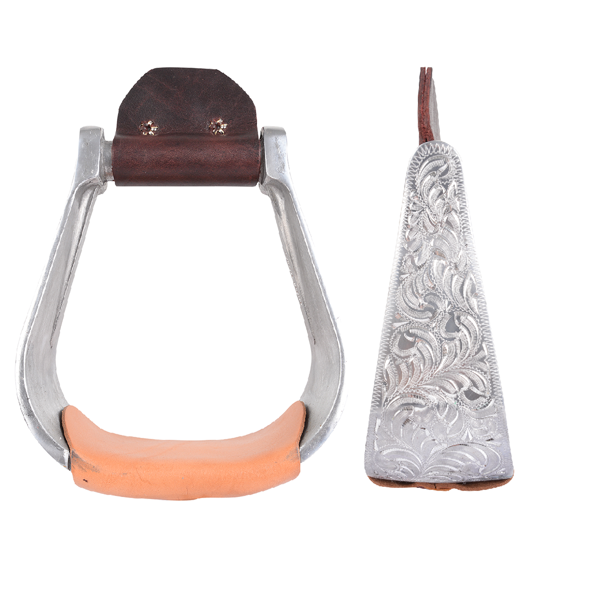 Hand-engraved aluminum roper stirrups, shown from the front and from the side. The deep 3-inch side is covered in scroll engraving, with a leather tread across the base.