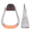 Hand-engraved aluminum roper stirrups, shown from the front and from the side. The deep 3-inch side is covered in scroll engraving, with a leather tread across the base.