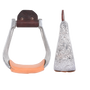 Hand-engraved aluminum roper stirrups, shown from the front and from the side. The deep 3-inch side is covered in scroll engraving, with a leather tread across the base.