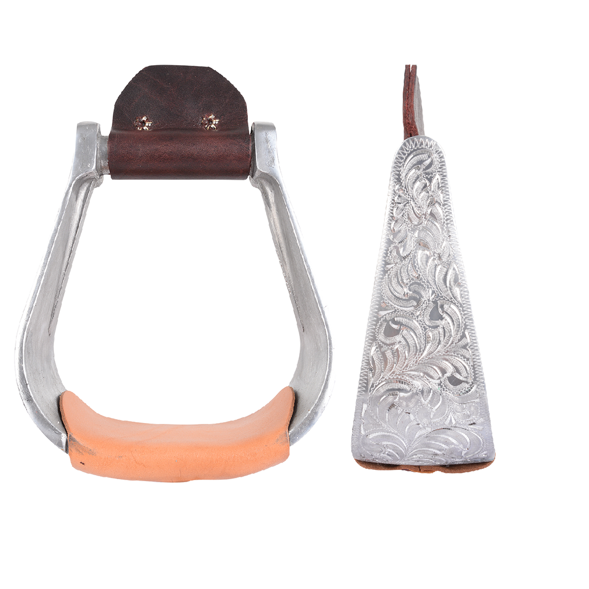 Hand-engraved aluminum roper stirrups, shown from the front and from the side. The deep 3-inch side is covered in scroll engraving, with a leather tread across the base.