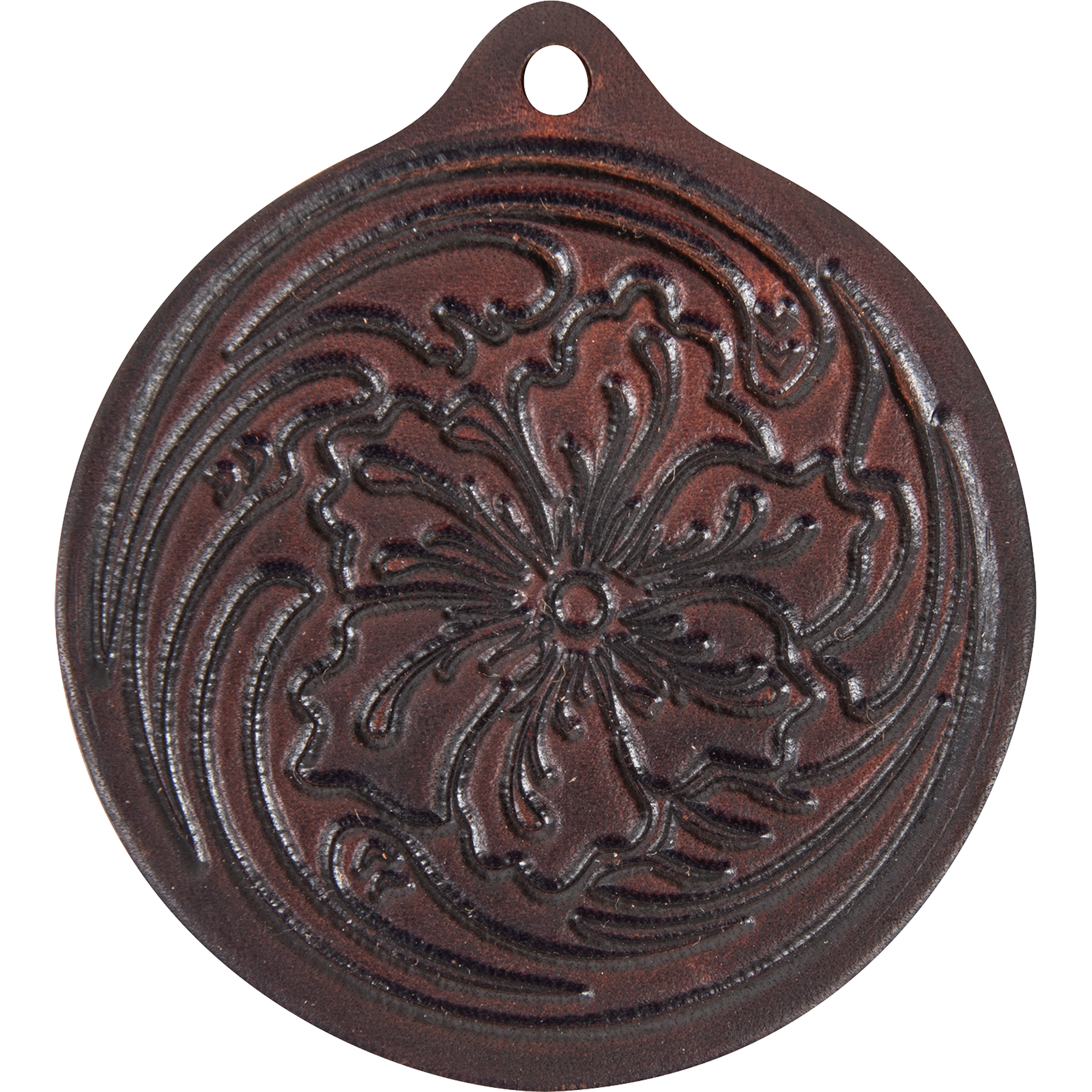 Floral leather air freshener from Martin Saddlery, seen from the front. A tooled flower with swirling leaves fills the round dark brown leather, with a hole at the top for hanging.