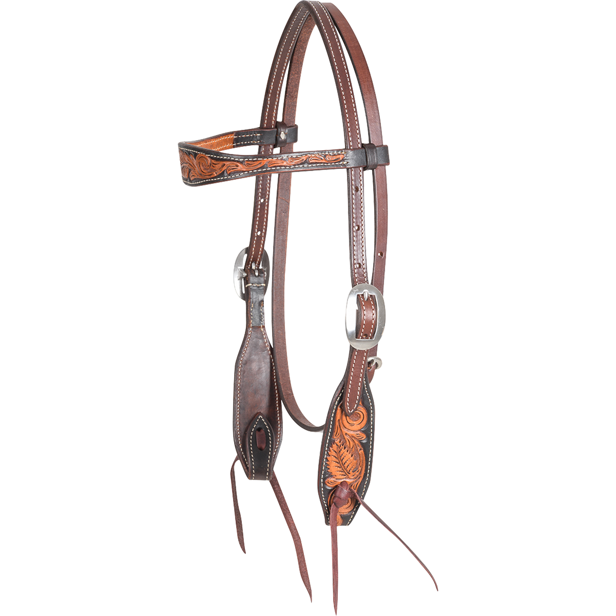 Dyed edge browband headstall with floral tooling, seen from the front quarter. Natural floral tooling fills the shaped browband and cheeks inside dark dyed edges, with buckles and bit ties.