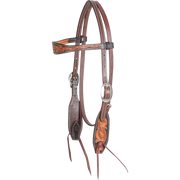 Dyed edge browband headstall with floral tooling, seen from the front quarter. Natural floral tooling fills the shaped browband and cheeks inside dark dyed edges, with buckles and bit ties.