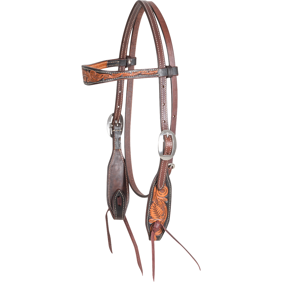 Dyed edge browband headstall with floral tooling, seen from the front quarter. Natural floral tooling fills the shaped browband and cheeks inside dark dyed edges, with buckles and bit ties.